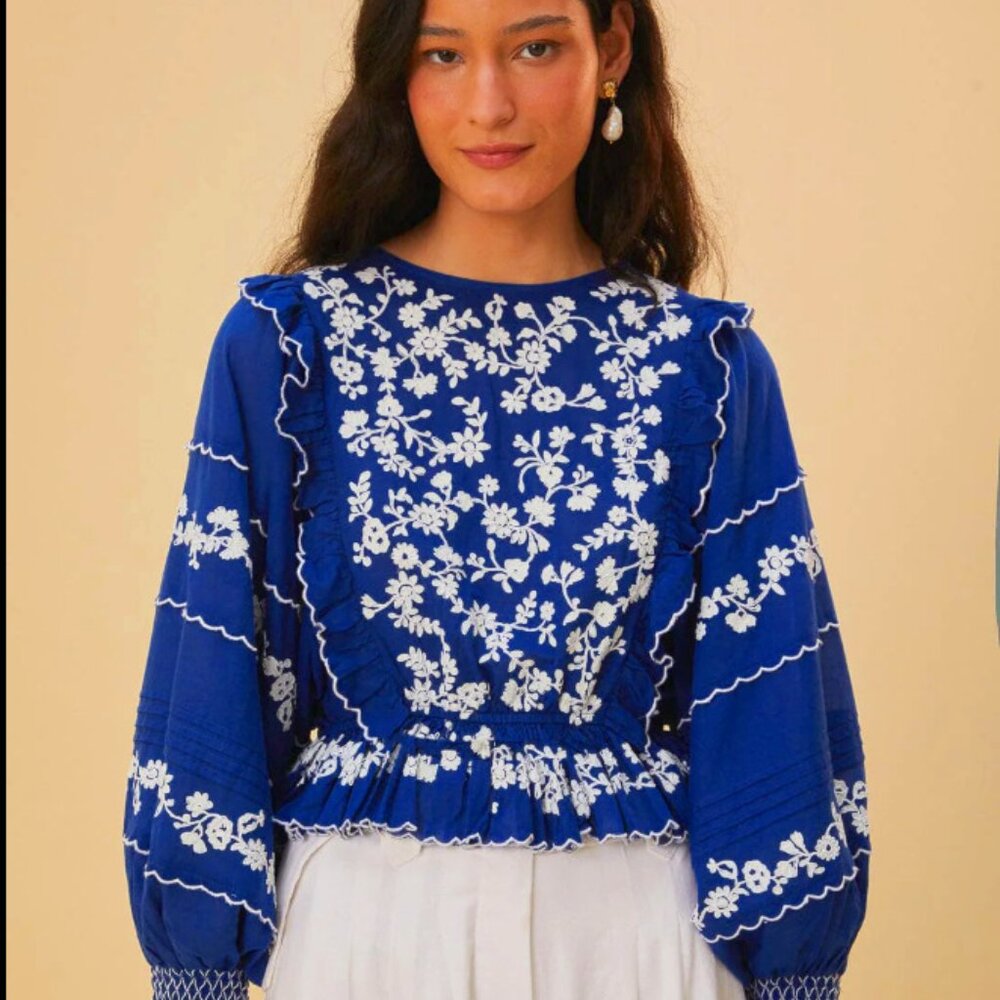 FARM Rio Royal Navy Blue Embroidered Long Sleeve Blouse - M